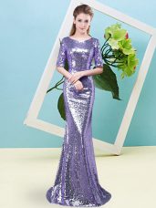 Smart Lavender Mermaid Scoop Half Sleeves Sequined Floor Length Zipper Sequins Dress for Prom