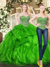 Noble Green Ball Gowns Beading and Ruffles Quinceanera Dress Lace Up Tulle Sleeveless Floor Length