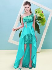 Eye-catching Aqua Blue A-line Elastic Woven Satin and Sequined One Shoulder Sleeveless Beading and Sequins High Low Lace Up Homecoming Dress