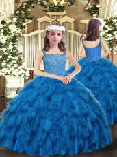 Excellent Straps Sleeveless Organza Little Girls Pageant Gowns Beading and Ruffles Lace Up