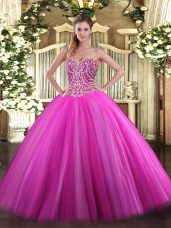 Fuchsia Sleeveless Beading Floor Length Sweet 16 Dress