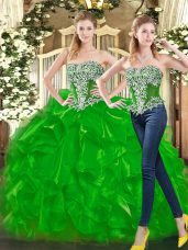 Adorable Green Sleeveless Floor Length Beading and Ruffles Lace Up 15 Quinceanera Dress