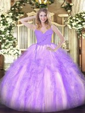 Super Lavender Ball Gowns Organza Spaghetti Straps Sleeveless Ruffles Floor Length Zipper 15th Birthday Dress