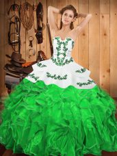 Shining Embroidery and Ruffles 15th Birthday Dress Green Lace Up Sleeveless Floor Length