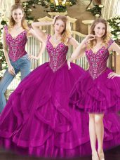 Fuchsia Lace Up Quinceanera Gowns Beading and Ruffles Sleeveless Floor Length