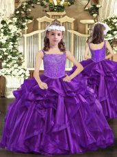 Eggplant Purple and Purple Sleeveless Organza Lace Up Kids Formal Wear for Party and Sweet 16 and Quinceanera and Wedding Party