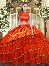 Tulle High-neck Sleeveless Criss Cross Embroidery and Ruffled Layers Sweet 16 Dresses in Orange Red