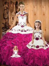 Fuchsia 15th Birthday Dress Military Ball and Sweet 16 and Quinceanera with Embroidery and Ruffles Halter Top Sleeveless Lace Up
