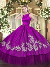 Suitable Satin and Tulle Scoop Sleeveless Clasp Handle Embroidery Quinceanera Dresses in Fuchsia