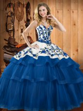 Shining Blue Sweet 16 Dress Military Ball and Sweet 16 and Quinceanera with Embroidery Sweetheart Sleeveless Sweep Train Lace Up
