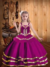 Popular Sleeveless Tulle Floor Length Lace Up Little Girl Pageant Gowns in Fuchsia with Embroidery and Ruffled Layers