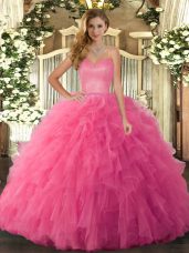 Modern Floor Length Lace Up Quince Ball Gowns Hot Pink for Military Ball and Sweet 16 and Quinceanera with Ruffles
