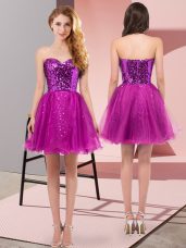 Nice Fuchsia A-line Sweetheart Sleeveless Tulle Mini Length Zipper Sequins Evening Dress