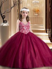 Classical Wine Red Sleeveless Beading and Appliques Floor Length Kids Pageant Dress