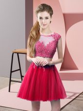 Hot Sale Hot Pink Two Pieces Appliques Prom Evening Gown Zipper Tulle Sleeveless Mini Length
