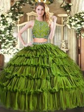 Olive Green Sleeveless Beading and Ruffled Layers Floor Length Ball Gown Prom Dress