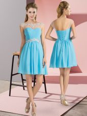 New Style Aqua Blue Empire Chiffon Scoop Cap Sleeves Beading Mini Length Lace Up Dress for Prom