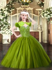 Floor Length Lace Up Little Girls Pageant Dress Wholesale Olive Green for Party and Quinceanera with Beading