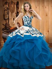 Modest Floor Length Baby Blue Quince Ball Gowns Satin and Organza Sleeveless Embroidery and Ruffles