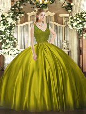 Adorable Floor Length Olive Green Quinceanera Dresses V-neck Sleeveless Backless
