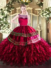 Perfect Coral Red Ball Gowns Scoop Sleeveless Organza Floor Length Zipper Beading and Ruffles Sweet 16 Quinceanera Dress