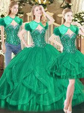 Ball Gowns Sweet 16 Dresses Dark Green Sweetheart Tulle Sleeveless Floor Length Lace Up