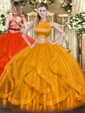 Orange Red Two Pieces Tulle Bateau Sleeveless Ruffles Floor Length Criss Cross Ball Gown Prom Dress