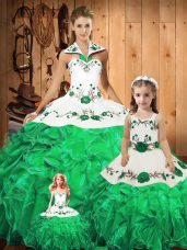 Green Ball Gowns Embroidery and Ruffles and Bowknot Quinceanera Gown Lace Up Tulle Sleeveless Floor Length