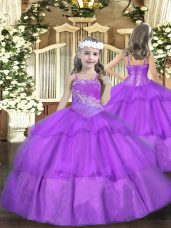Cute Floor Length Purple Little Girl Pageant Gowns Straps Sleeveless Lace Up