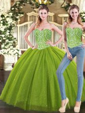 Suitable Sweetheart Sleeveless Lace Up Quinceanera Dresses Olive Green Tulle