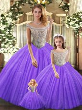 Eggplant Purple Ball Gowns Bateau Sleeveless Tulle Floor Length Lace Up Beading Quinceanera Gown