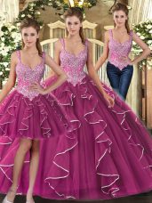 Cute Straps Sleeveless Quince Ball Gowns Floor Length Beading and Ruffles Fuchsia Tulle