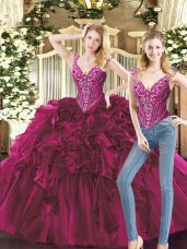 Customized Fuchsia Sleeveless Floor Length Beading and Ruffles Lace Up Ball Gown Prom Dress