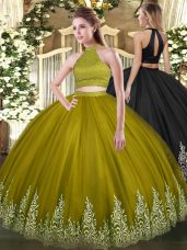 Sweet Olive Green Ball Gowns Tulle Halter Top Sleeveless Beading and Appliques Floor Length Backless 15 Quinceanera Dress