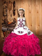 Unique Hot Pink Lace Up Kids Pageant Dress Embroidery and Ruffles Sleeveless Floor Length