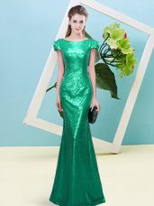 Sequined Scoop Cap Sleeves Zipper Sequins Prom Gown in Turquoise