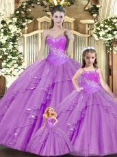 Glittering Floor Length Lilac Sweet 16 Quinceanera Dress Sweetheart Sleeveless Lace Up