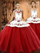 Attractive Wine Red Lace Up 15 Quinceanera Dress Embroidery Sleeveless Floor Length