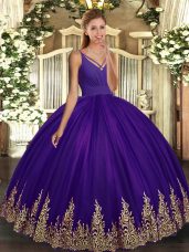 Exceptional Purple Sleeveless Floor Length Appliques Backless Quinceanera Gowns