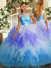 Multi-color Tulle Backless Quince Ball Gowns Sleeveless Floor Length Beading and Ruffles