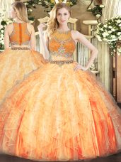 Exceptional Floor Length Zipper 15th Birthday Dress Orange Red for Military Ball and Quinceanera with Beading and Ruffles