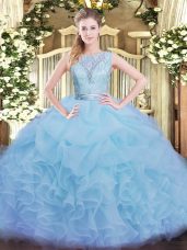 Aqua Blue Vestidos de Quinceanera Military Ball and Sweet 16 and Quinceanera with Lace and Ruffles Scoop Sleeveless Backless