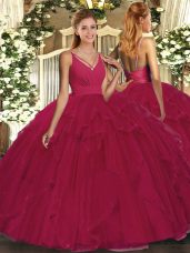 Noble Ball Gowns Quinceanera Dresses Hot Pink V-neck Organza Sleeveless Floor Length Backless