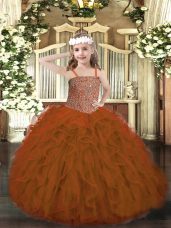 Latest Tulle Straps Sleeveless Lace Up Beading and Ruffles Pageant Gowns For Girls in Rust Red