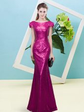 Fuchsia Mermaid Sequins Prom Gown Zipper Sequined Cap Sleeves Floor Length