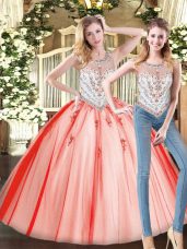 Chic Red 15th Birthday Dress Military Ball and Sweet 16 and Quinceanera with Beading Scoop Sleeveless Zipper