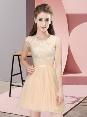 Scoop Sleeveless Bridesmaid Dress Mini Length Lace Champagne Tulle
