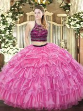 Rose Pink Halter Top Neckline Beading and Ruffled Layers 15 Quinceanera Dress Sleeveless Zipper