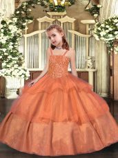 Orange Sleeveless Floor Length Beading and Ruffled Layers Lace Up Little Girl Pageant Gowns