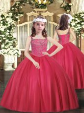 Fancy Beading Party Dress for Toddlers Coral Red Lace Up Sleeveless Floor Length